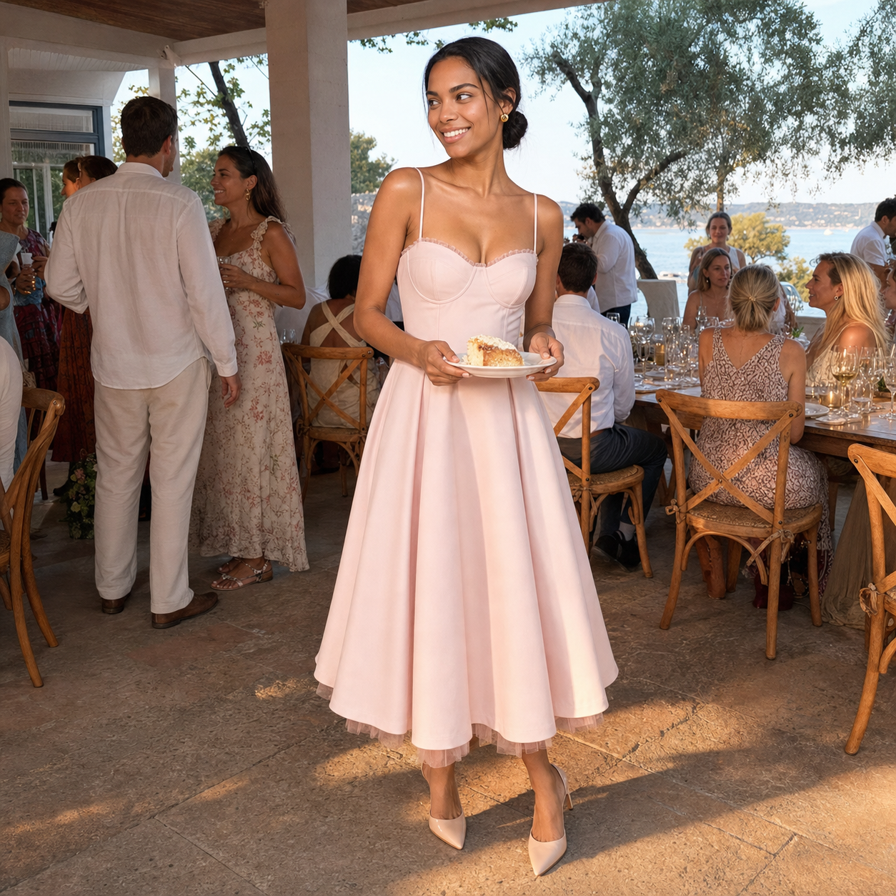 Corset Bustier Sweetheart Midi Dress – Tulle Hem Wedding Guest Dress — lifestyle photo