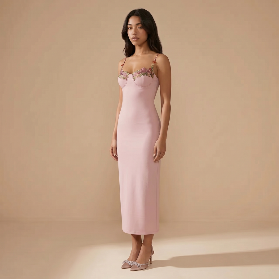 Sunoire gentry flower embroidered maxi dress three quarter 01