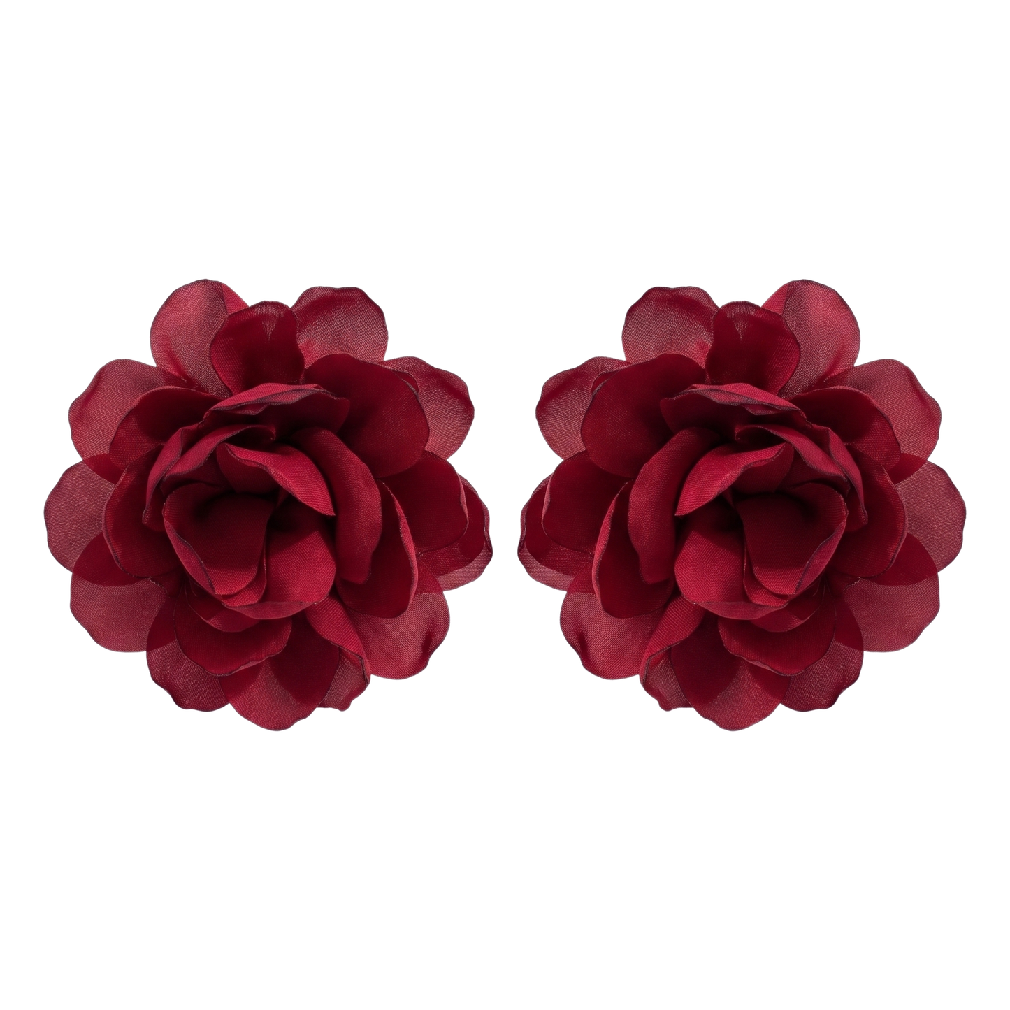 Sunoire exaggerated design big fabric flower earrings for women fashion niche artistic style simulation flower statement earrings 04 flatlay burgundy