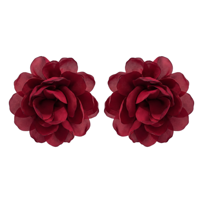 Sunoire exaggerated design big fabric flower earrings for women fashion niche artistic style simulation flower statement earrings 04 flatlay burgundy