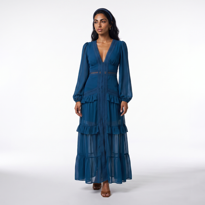 Sunoire good quality solid color pleated v neck elegant ladies casual maxi dresses colorway dark blue front hero 01