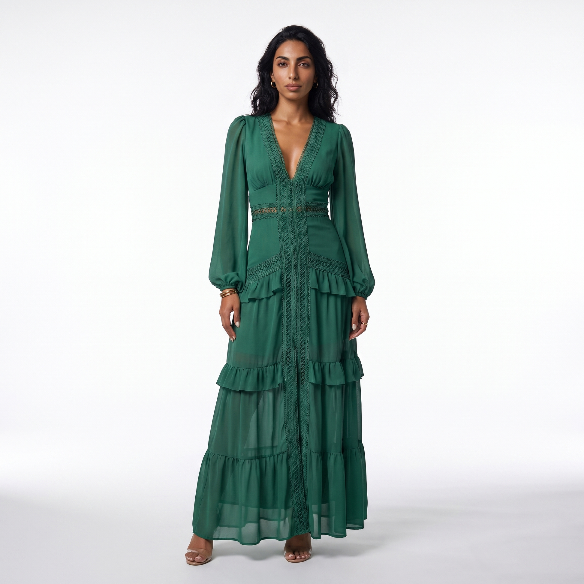 Sunoire good quality solid color pleated v neck elegant ladies casual maxi dresses colorway dark green front hero 01