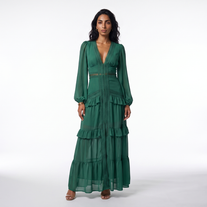 Sunoire good quality solid color pleated v neck elegant ladies casual maxi dresses colorway dark green front hero 01