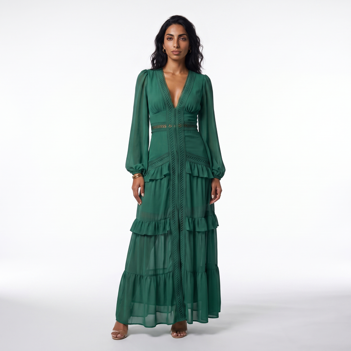 Maren Emerald Ruffle Pleated Dress — Dark Green