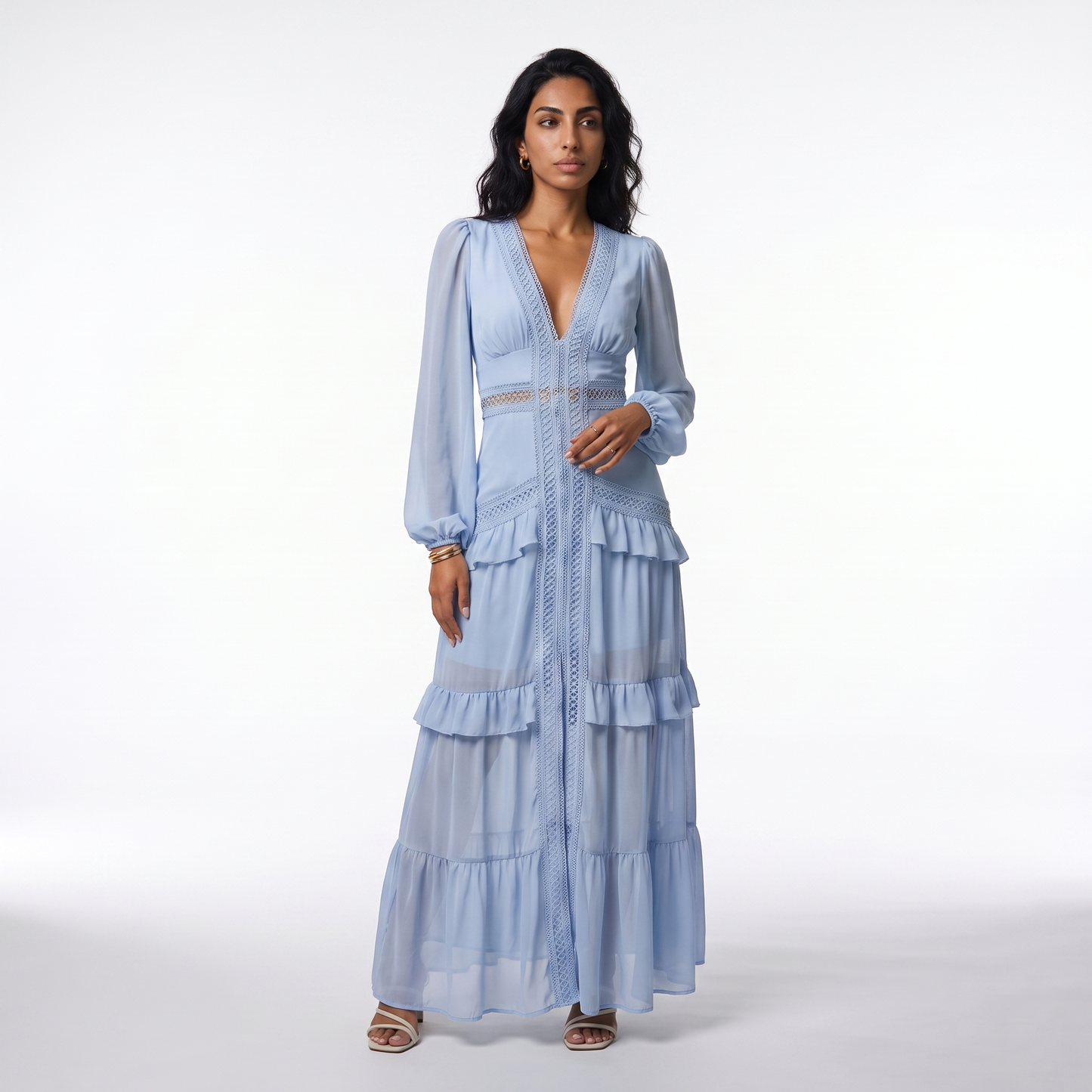 Sunoire good quality solid color pleated v neck elegant ladies casual maxi dresses colorway light blue front hero 01