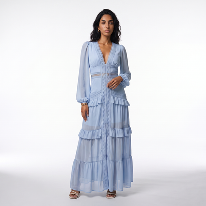 Sunoire good quality solid color pleated v neck elegant ladies casual maxi dresses colorway light blue front hero 01