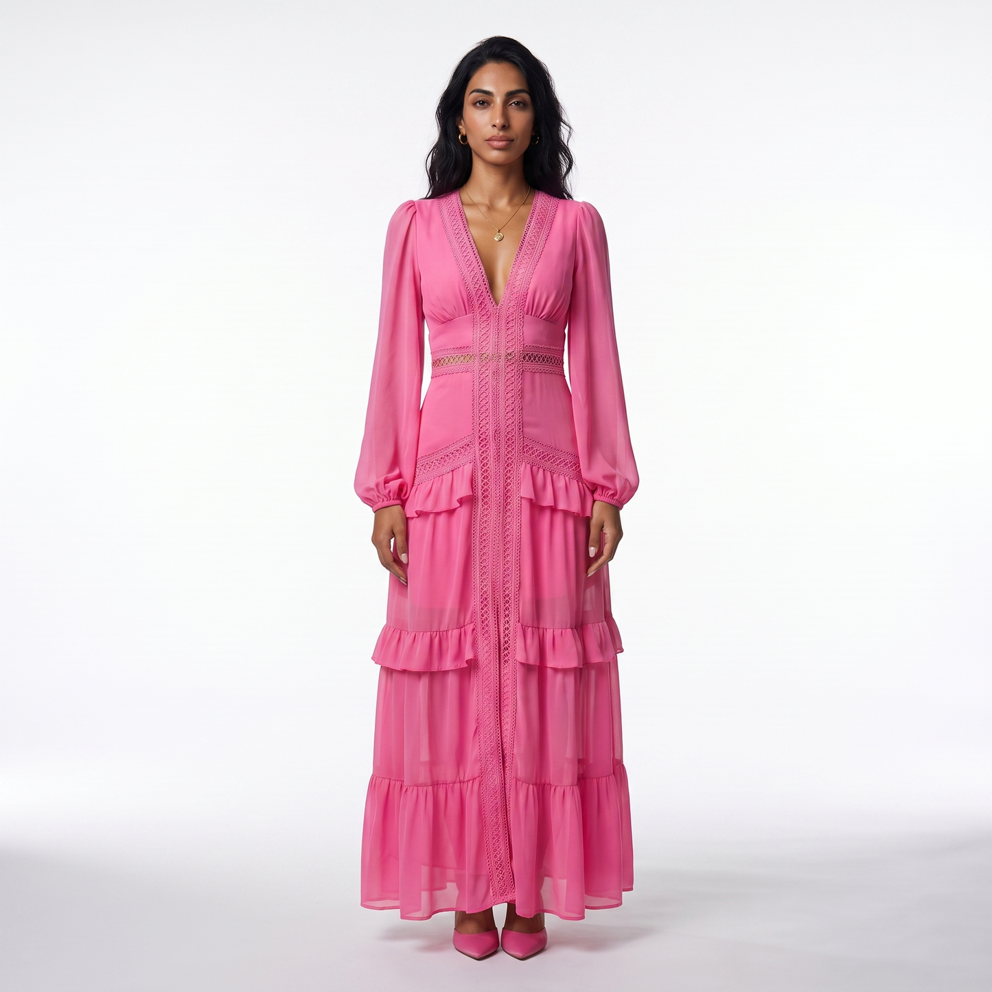 Sunoire good quality solid color pleated v neck elegant ladies casual maxi dresses colorway rose front hero 01