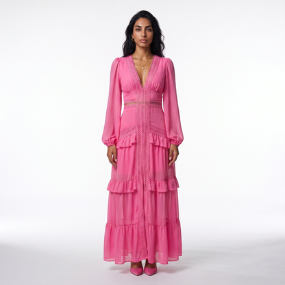 Sunoire good quality solid color pleated v neck elegant ladies casual maxi dresses colorway rose front hero 01