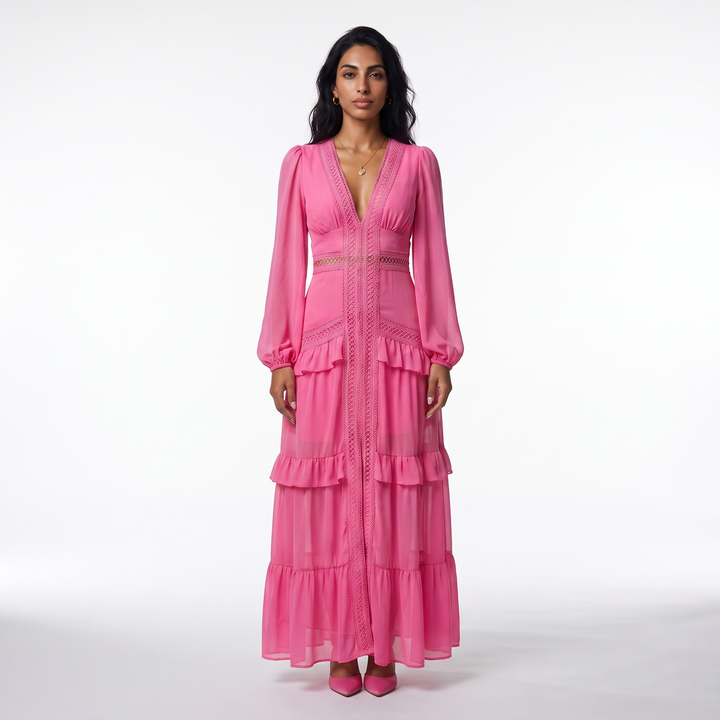 Maren Emerald Ruffle Pleated Dress — Rose