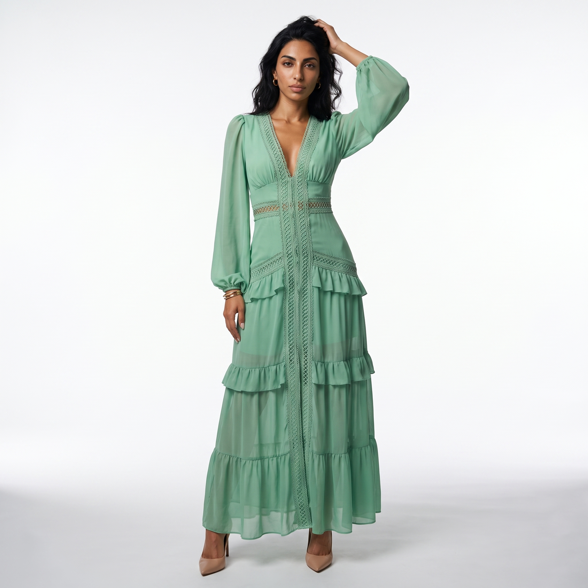 Lace Trim Tiered Maxi Dress – Long Sleeve V Neck Wedding Guest Dress – Sunoire