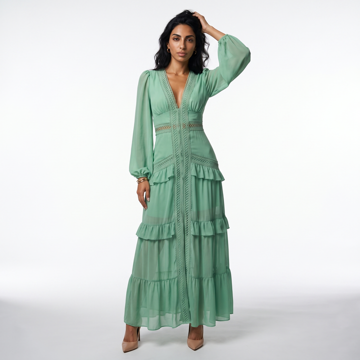 Sunoire good quality solid color pleated v neck elegant ladies casual maxi dresses front hero 01