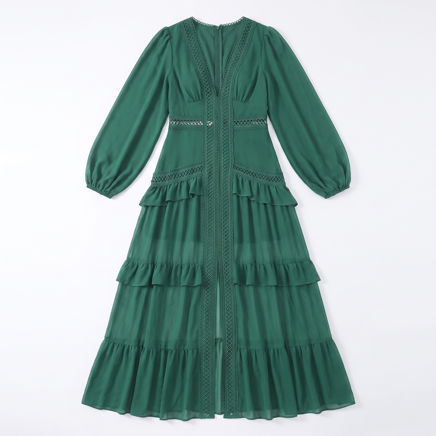 Sunoire good quality solid color pleated v neck elegant ladies casual maxi dresses garment flatlay 01