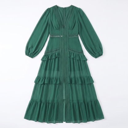 Sunoire good quality solid color pleated v neck elegant ladies casual maxi dresses garment flatlay 01