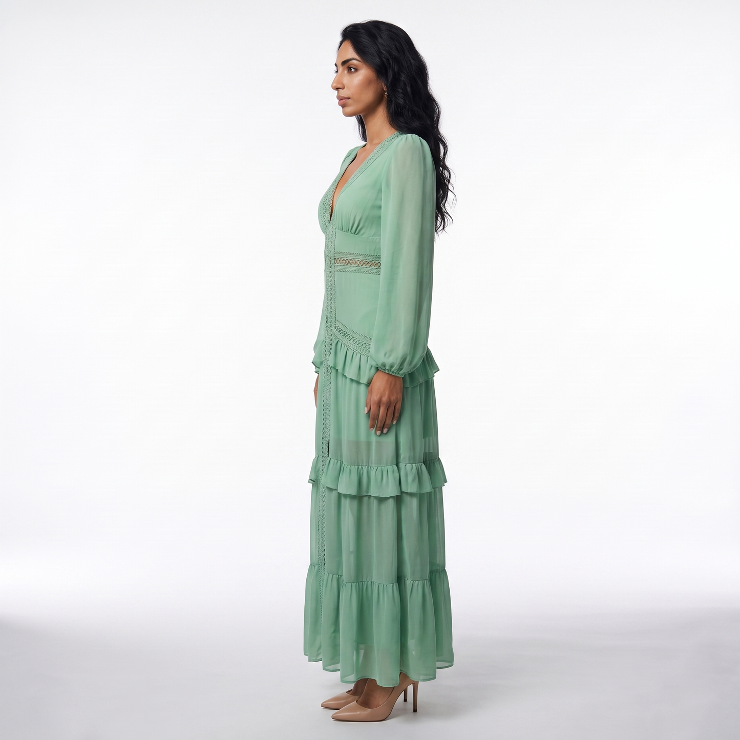 Sunoire good quality solid color pleated v neck elegant ladies casual maxi dresses side view 01