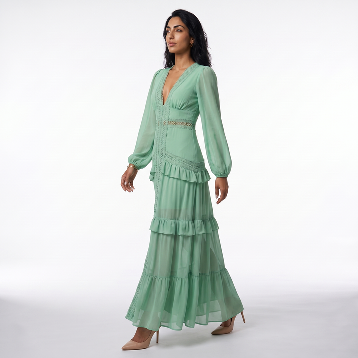 Sunoire good quality solid color pleated v neck elegant ladies casual maxi dresses three quarter 01