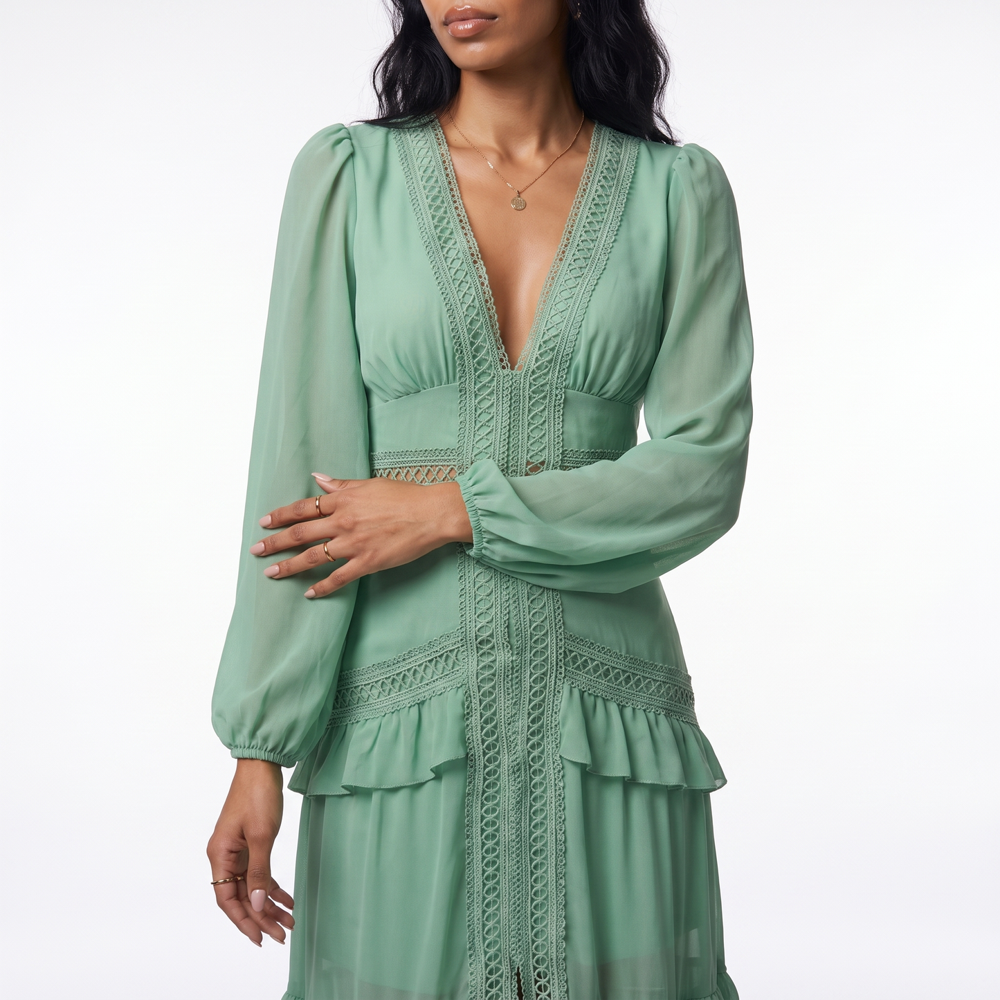 Sunoire good quality solid color pleated v neck elegant ladies casual maxi dresses torso crop 01
