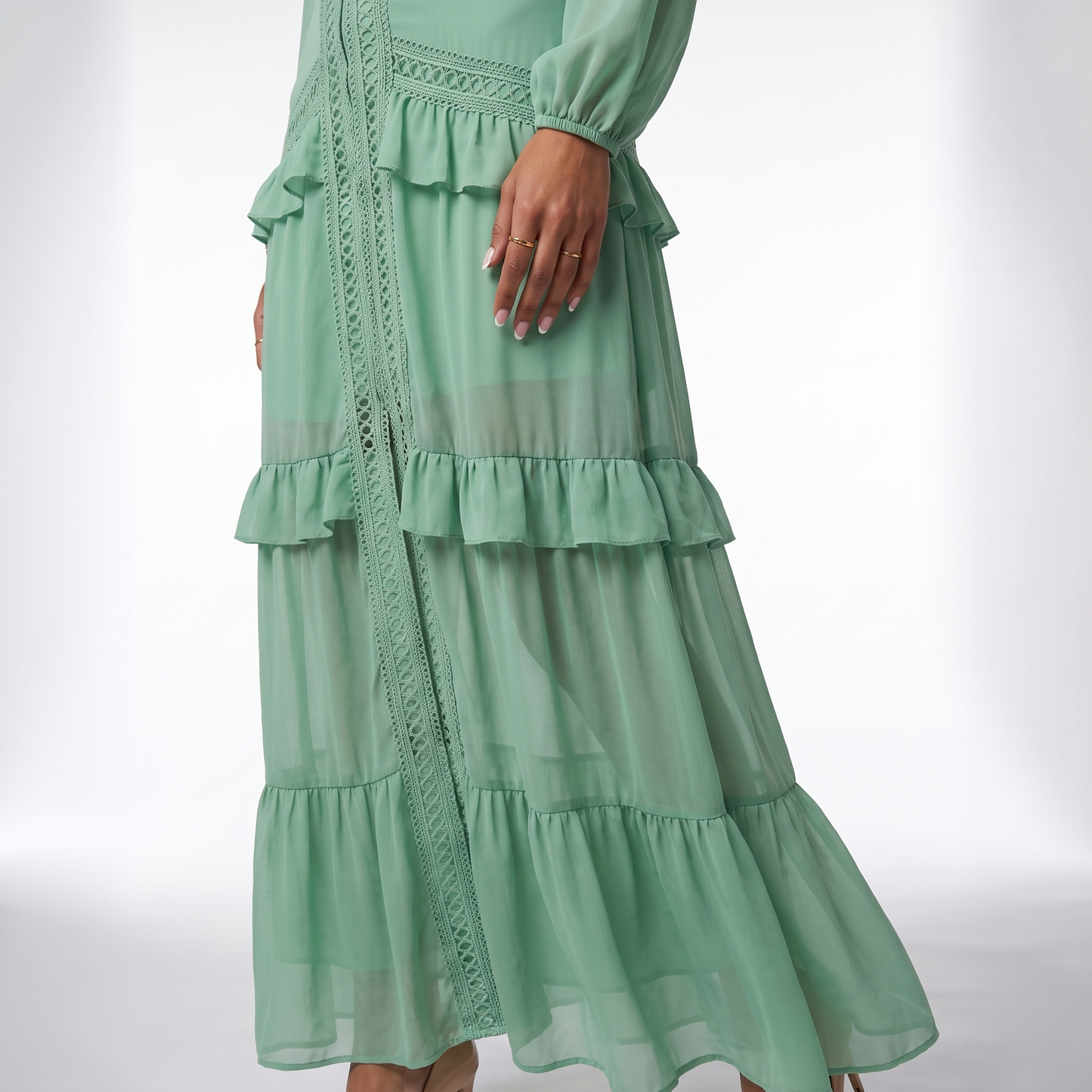 Sunoire good quality solid color pleated v neck elegant ladies casual maxi dresses worn detail 01