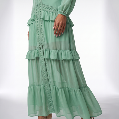 Sunoire good quality solid color pleated v neck elegant ladies casual maxi dresses worn detail 01