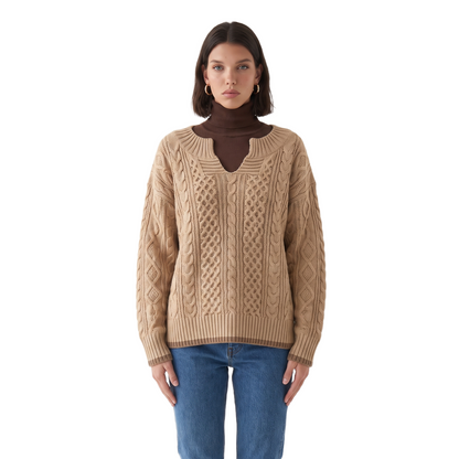 Sunoire grace-womens-oversized-cable-knit-sweater-v-neck-long-sleeve-jumper-colorway-beige-front-crop-01--cutout.png