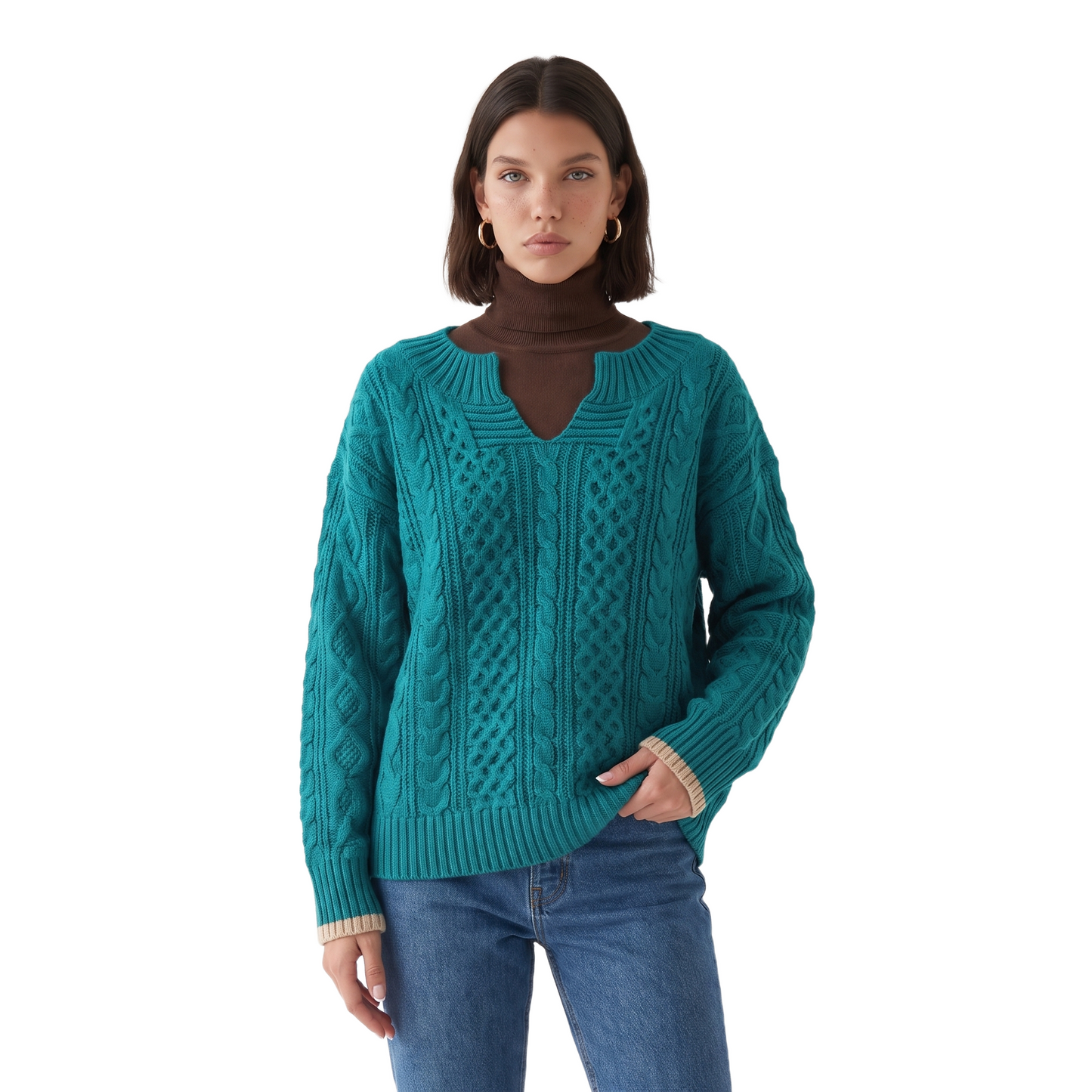 Sunoire grace-womens-oversized-cable-knit-sweater-v-neck-long-sleeve-jumper-colorway-blue-front-crop-01--cutout.png