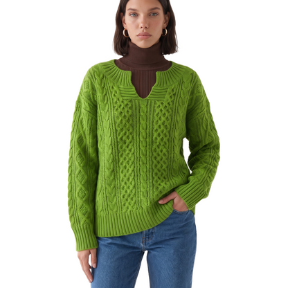 Sunoire grace-womens-oversized-cable-knit-sweater-v-neck-long-sleeve-jumper-colorway-green-front-crop-01--cutout.png