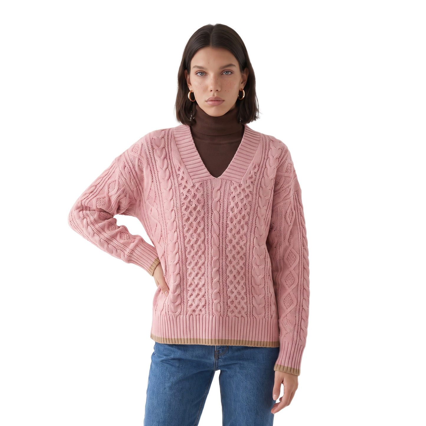 Sunoire grace-womens-oversized-cable-knit-sweater-v-neck-long-sleeve-jumper-colorway-pink-front-crop-01--cutout.png