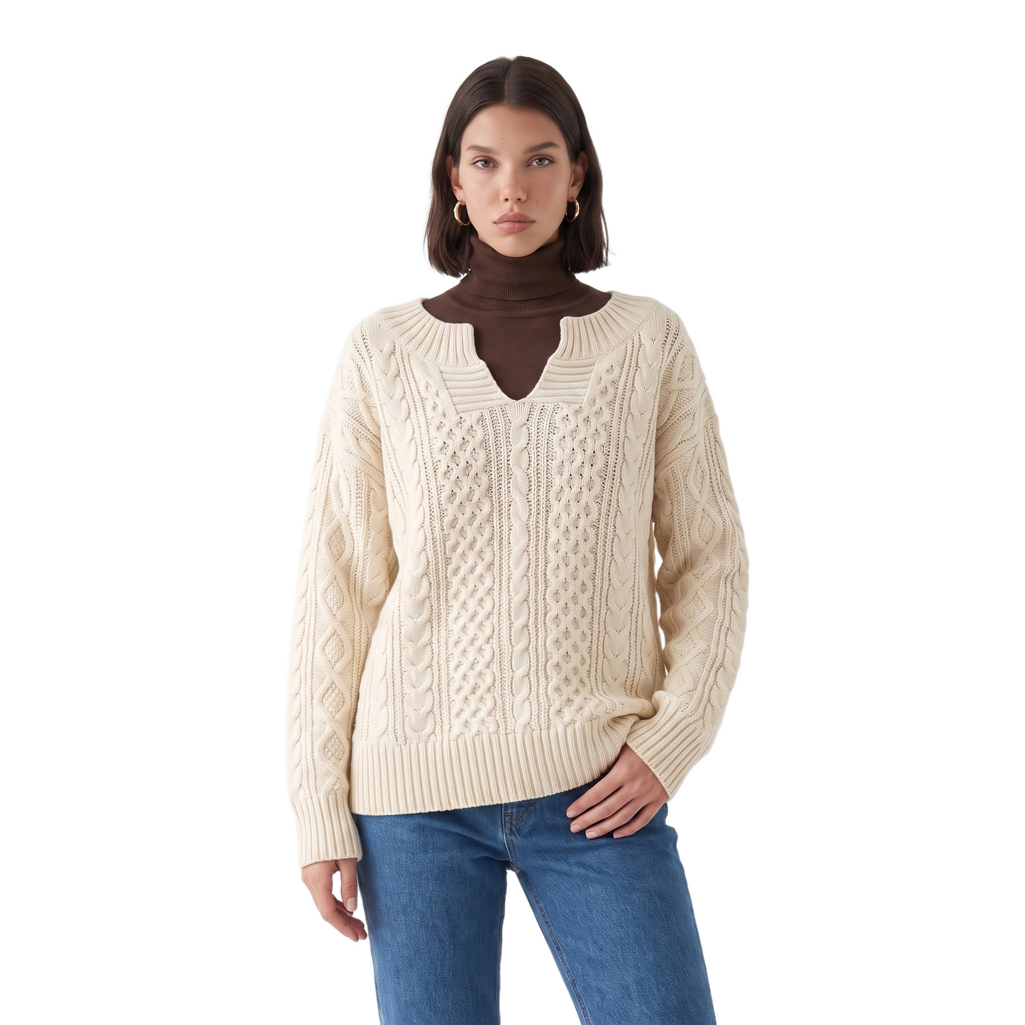 Sunoire grace-womens-oversized-cable-knit-sweater-v-neck-long-sleeve-jumper-colorway-white-front-crop-01--cutout.png