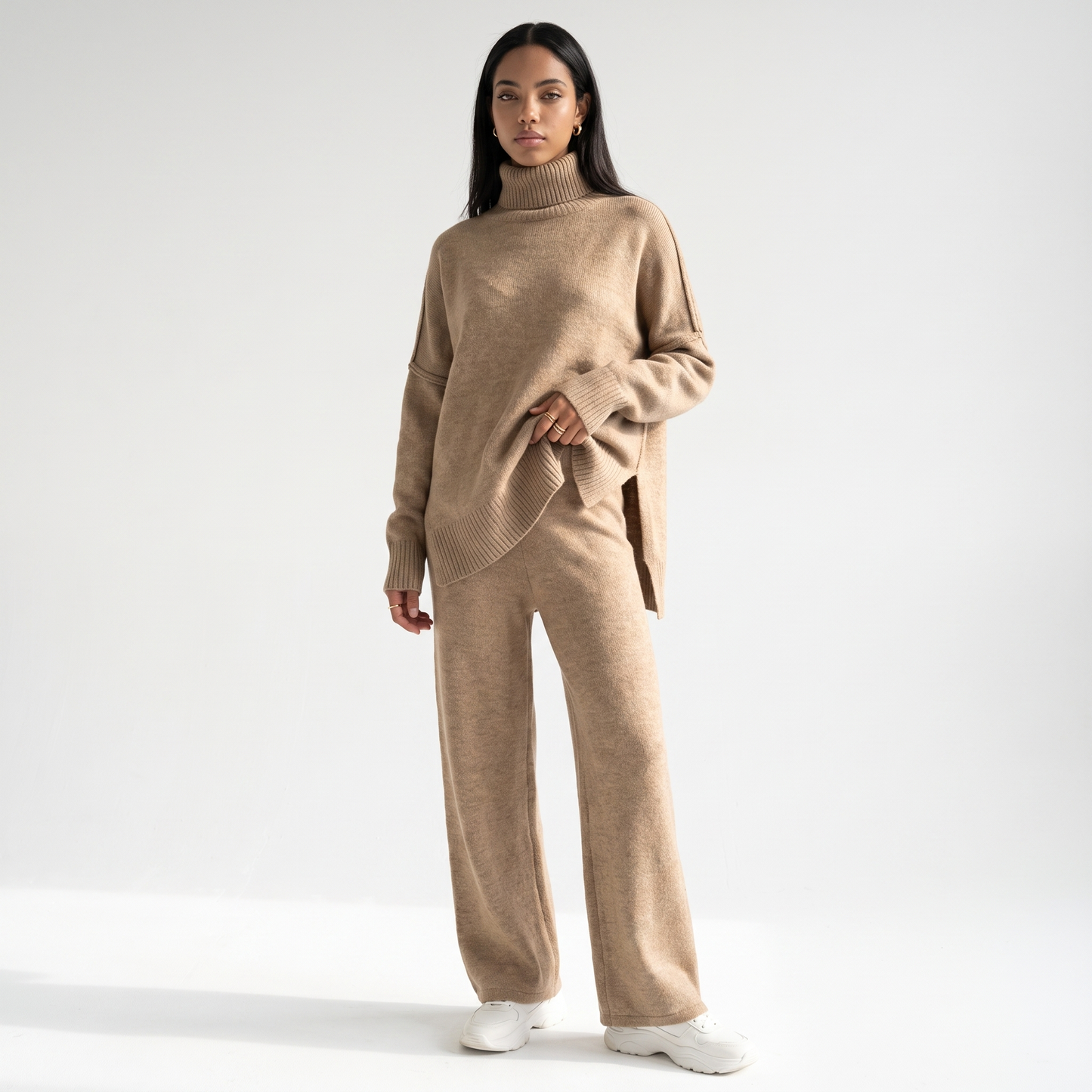 Sunoire grace womens oversized turtleneck knit wide leg lounge set front hero 01