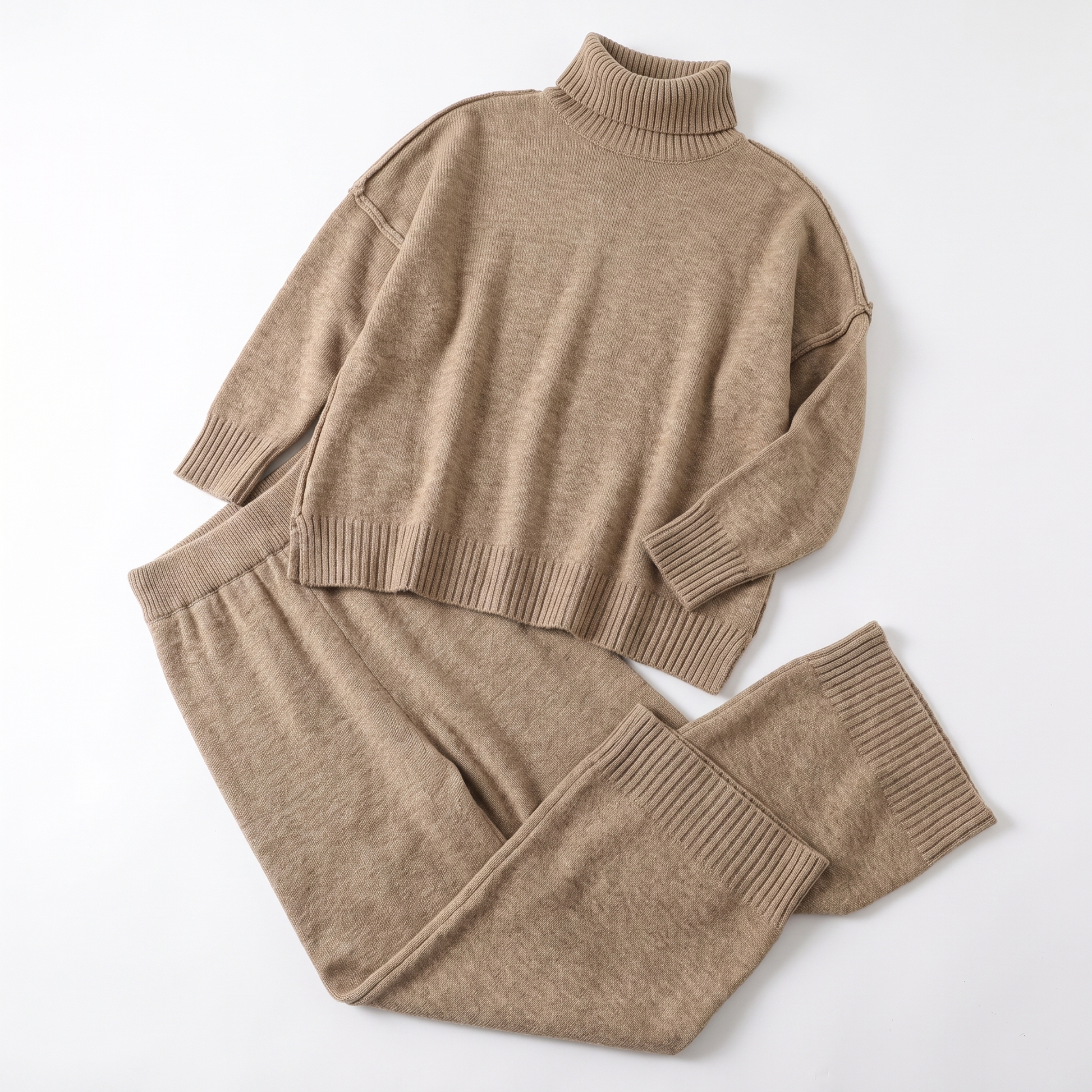 Sunoire grace womens oversized turtleneck knit wide leg lounge set garment flatlay 01