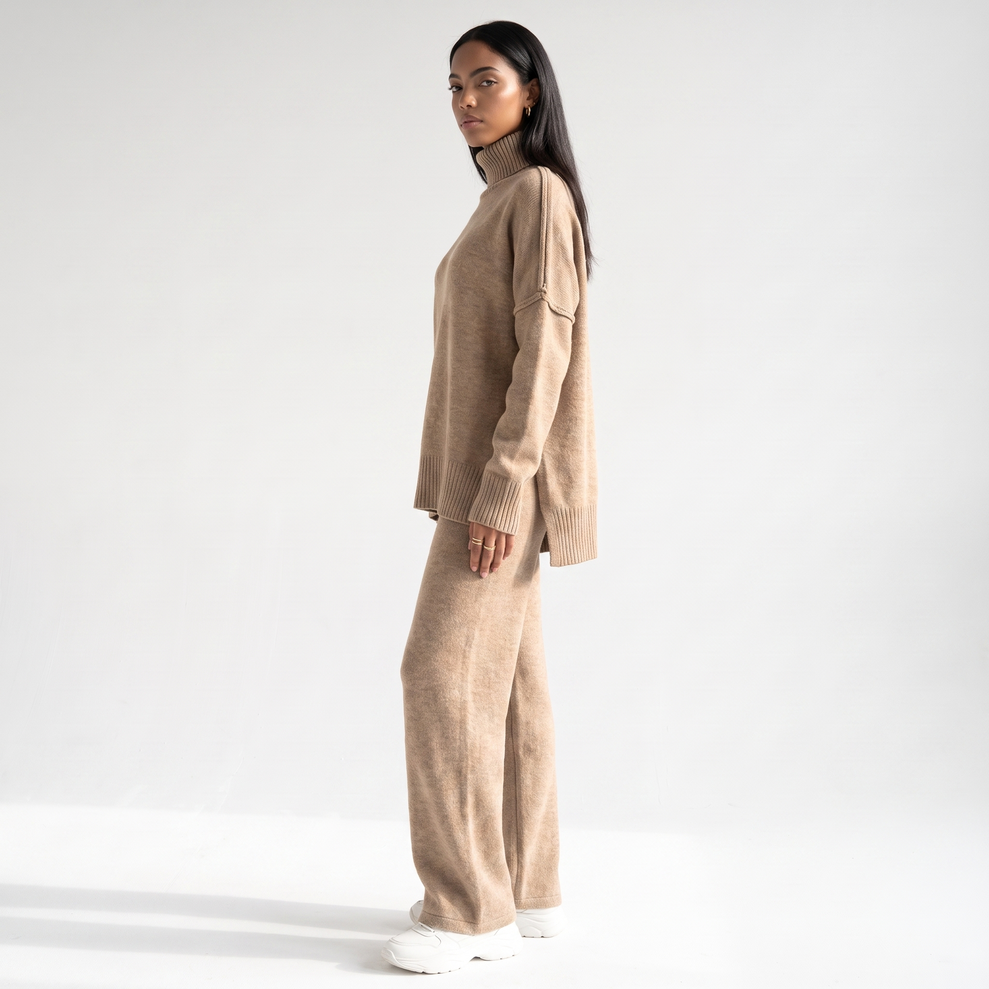 Sunoire grace womens oversized turtleneck knit wide leg lounge set side view 01