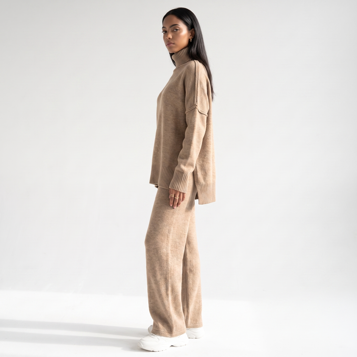 Sunoire grace womens oversized turtleneck knit wide leg lounge set side view 01