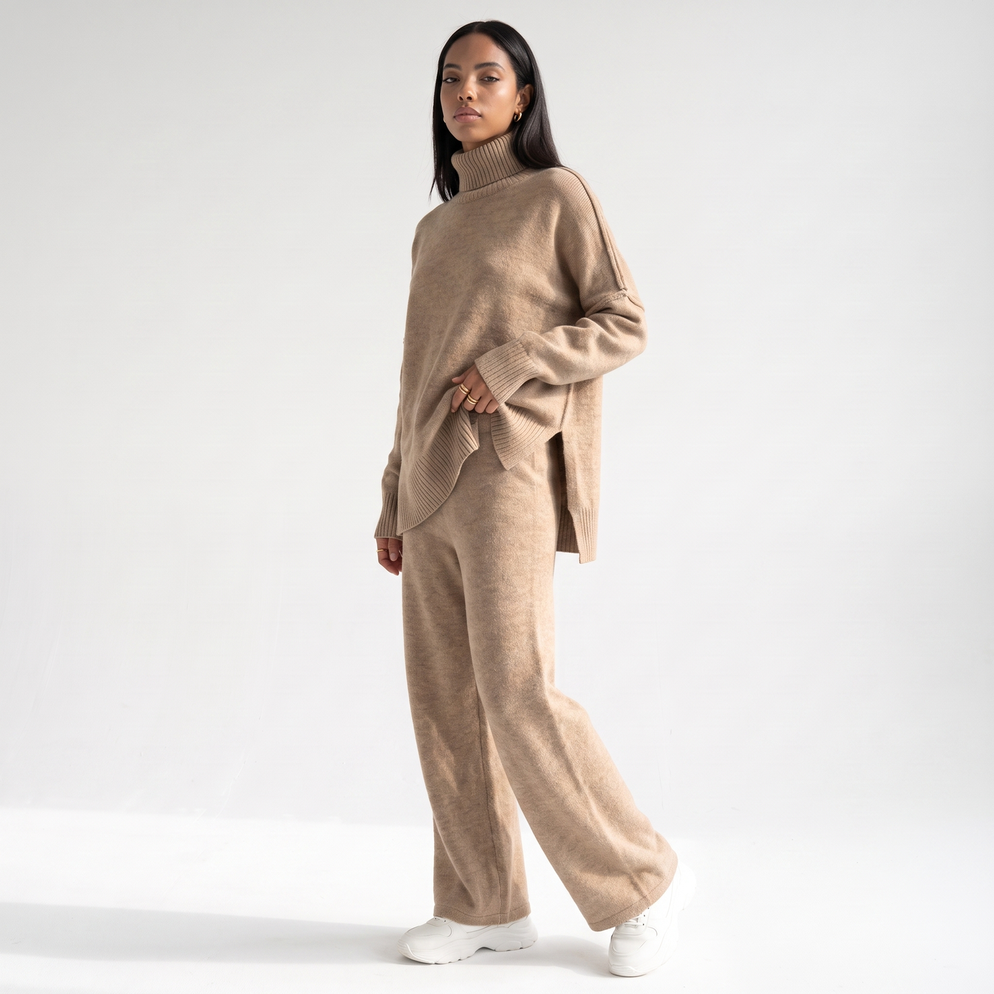Sunoire grace womens oversized turtleneck knit wide leg lounge set three quarter 01