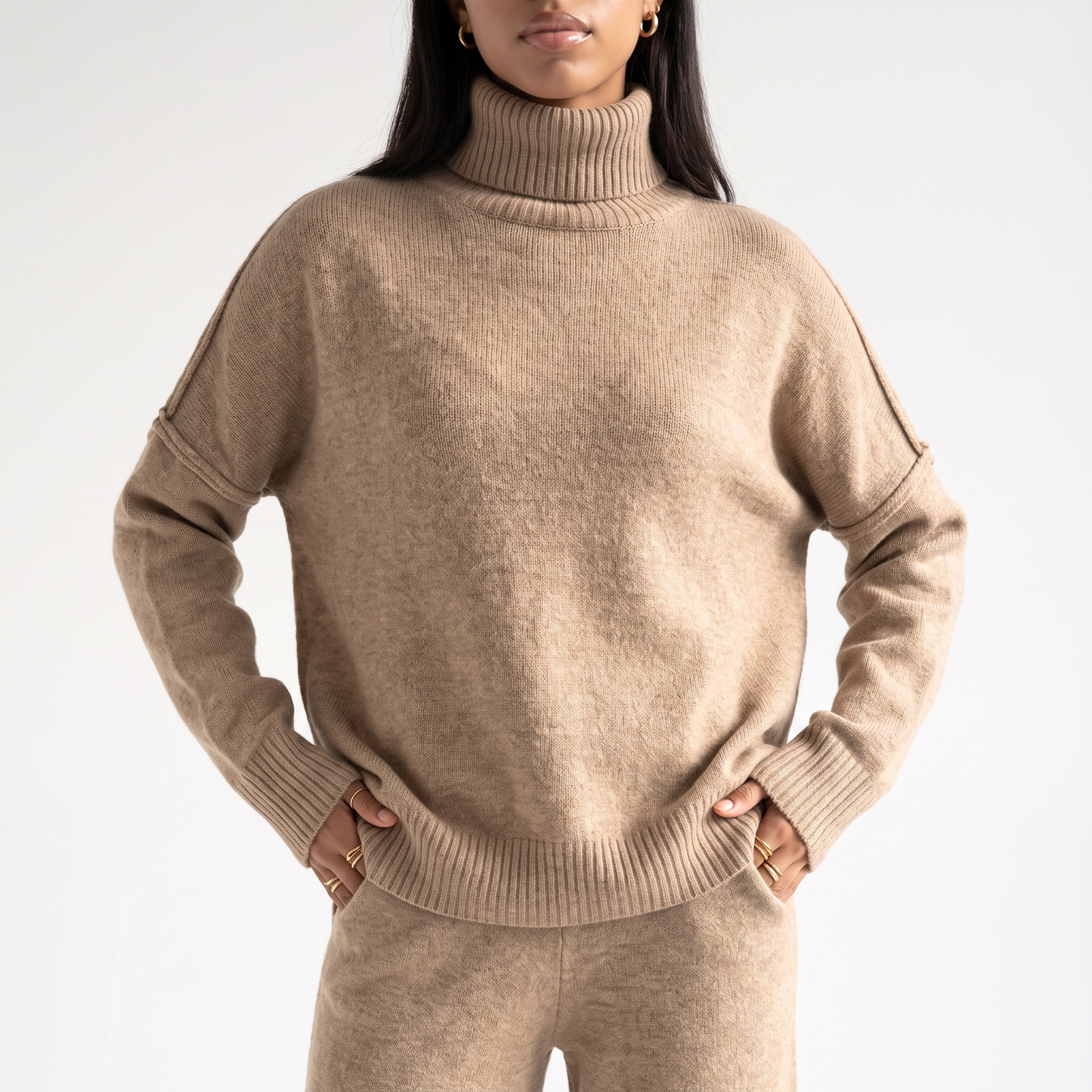 Sunoire grace womens oversized turtleneck knit wide leg lounge set torso crop 01