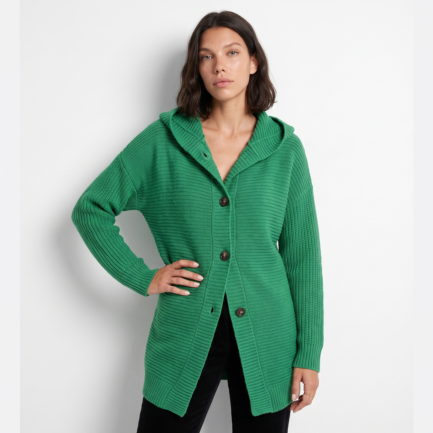 Sunoire grace womens relaxed fit hooded knit cardigan jacket colorway green front crop 01