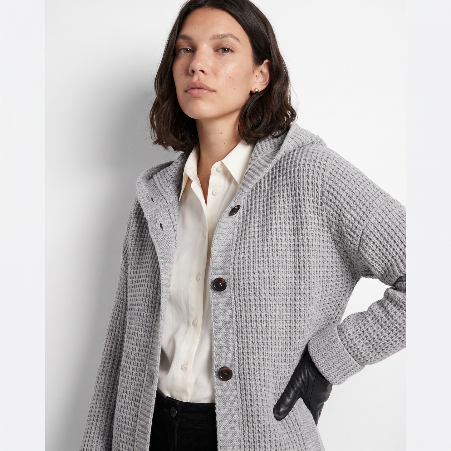 Sunoire grace womens relaxed fit hooded knit cardigan jacket top detail 01