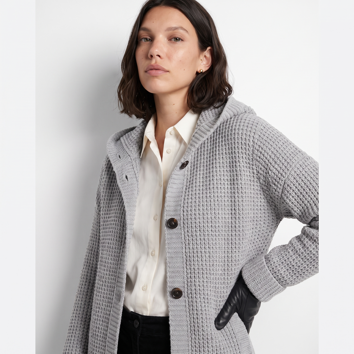 Sunoire grace womens relaxed fit hooded knit cardigan jacket top detail 01