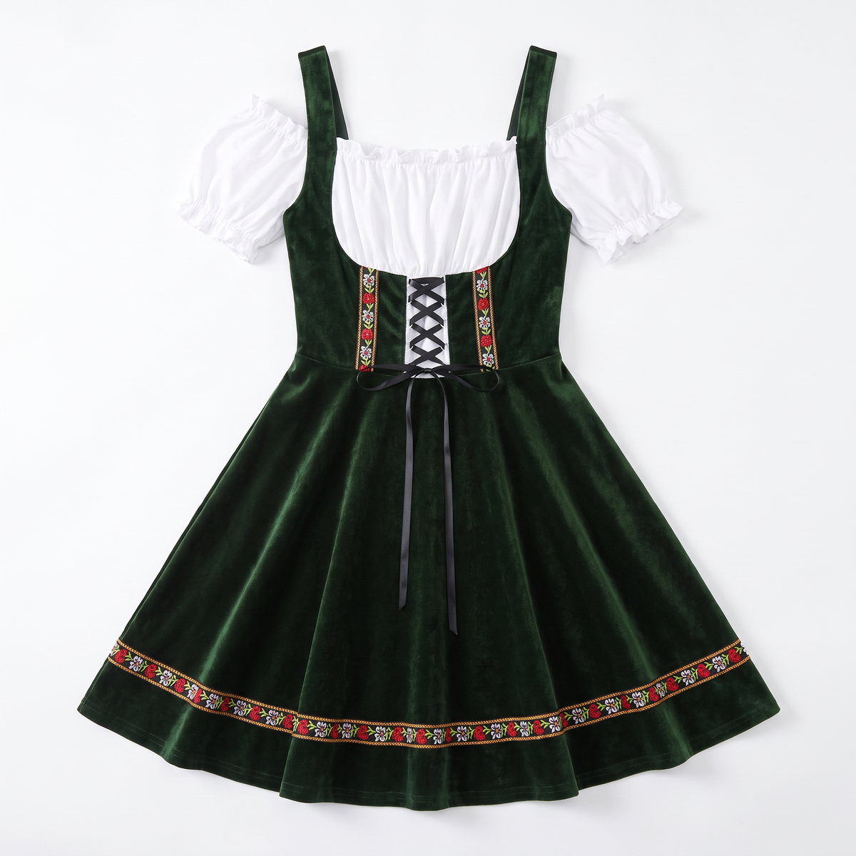 Sunoire green velvet lace up dirndl dress garment flatlay 01