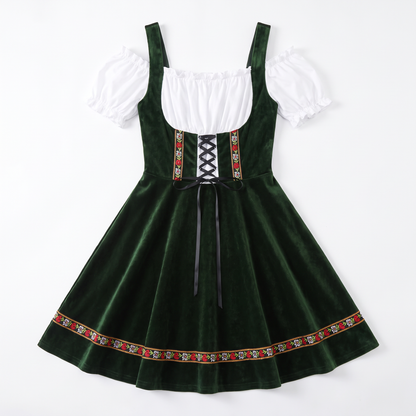 Sunoire green velvet lace up dirndl dress garment flatlay 01