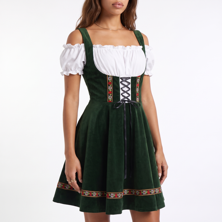 Sunoire green velvet lace up dirndl dress torso crop 01
