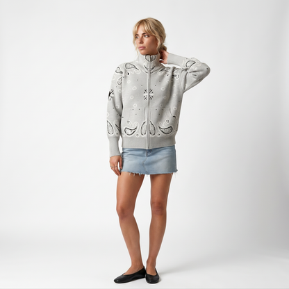 Sunoire grey paisley print zip turtleneck cardigan colorway light grey front hero 01