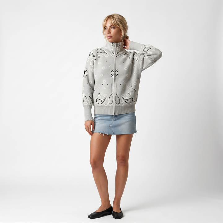 Grey Paisley-Print Zip Turtleneck Cardigan — Light Grey