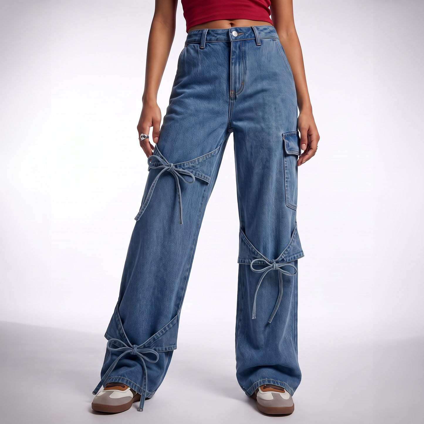 autumn simple casual high waist stretchable denim jeans for women xl size cargo pants with bowknot decor light in Medium Wash colorway image