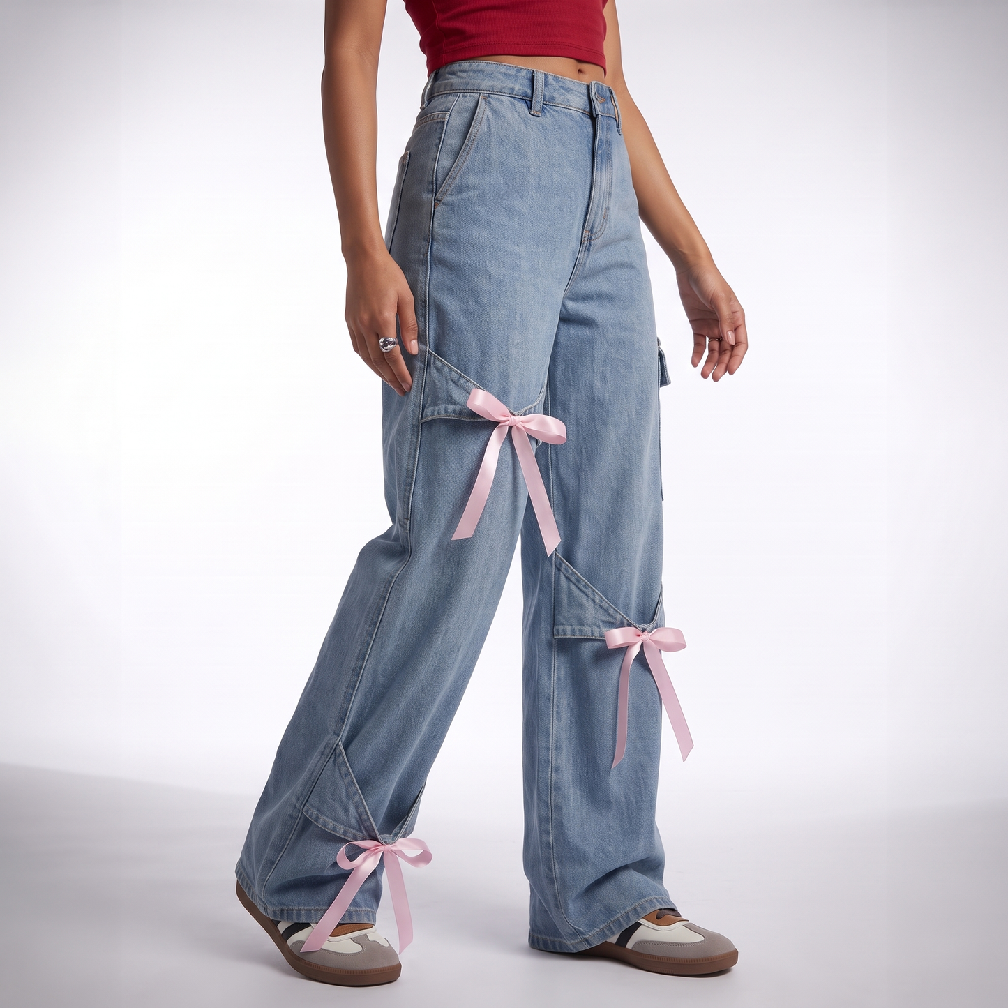 autumn simple casual high waist stretchable denim jeans for women xl size cargo pants with bowknot decor light in Pink Ribbon colorway image