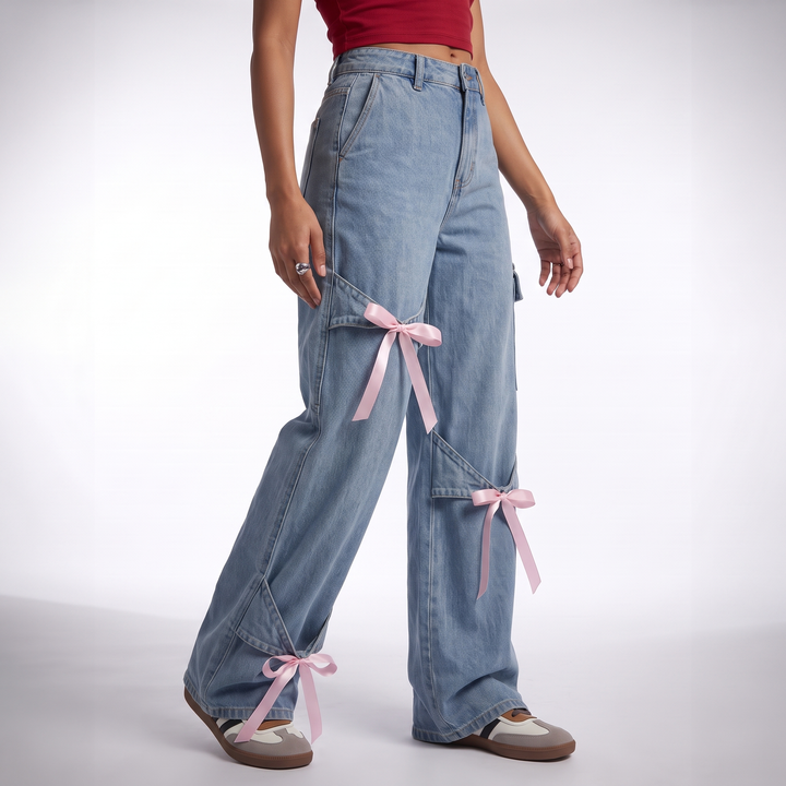 Women's Cut-Out Cargo Pocket High Waisted Wide Leg Jeans – Light Denim — Pink Ribbon