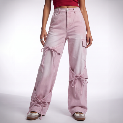 autumn simple casual high waist stretchable denim jeans for women xl size cargo pants with bowknot decor light in Blush Pink colorway image
