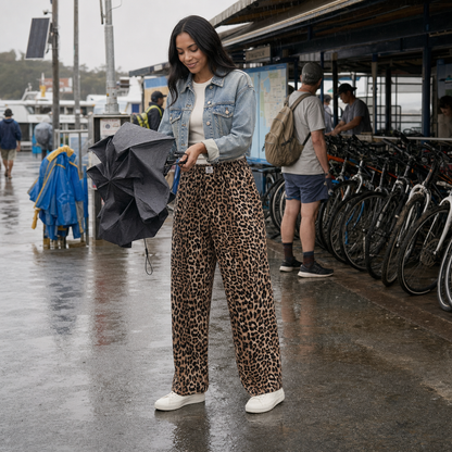 Drawstring Waist Straight Leg Pants – Leopard Print Everyday Trousers — lifestyle photo