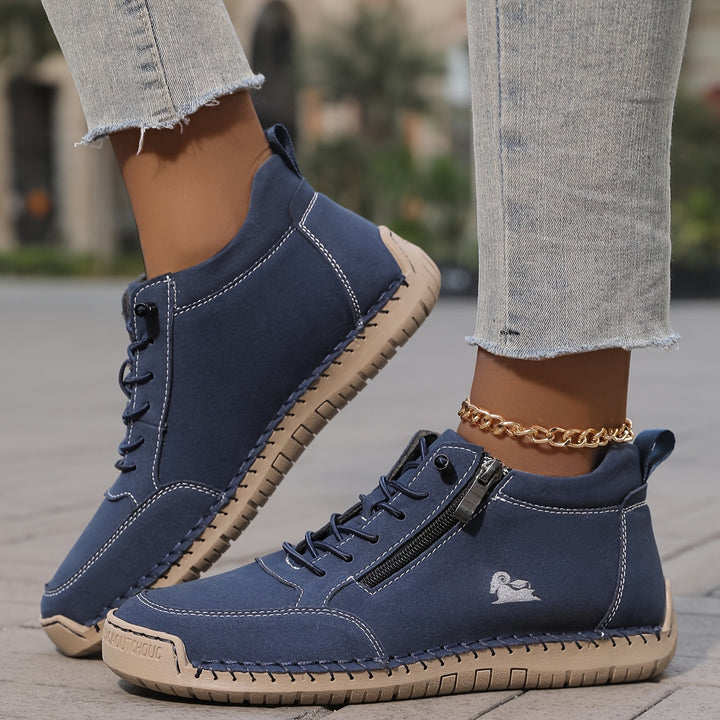 Women's Orthopaedic Lace-Up Shoes with Side Zip — Navy Blue