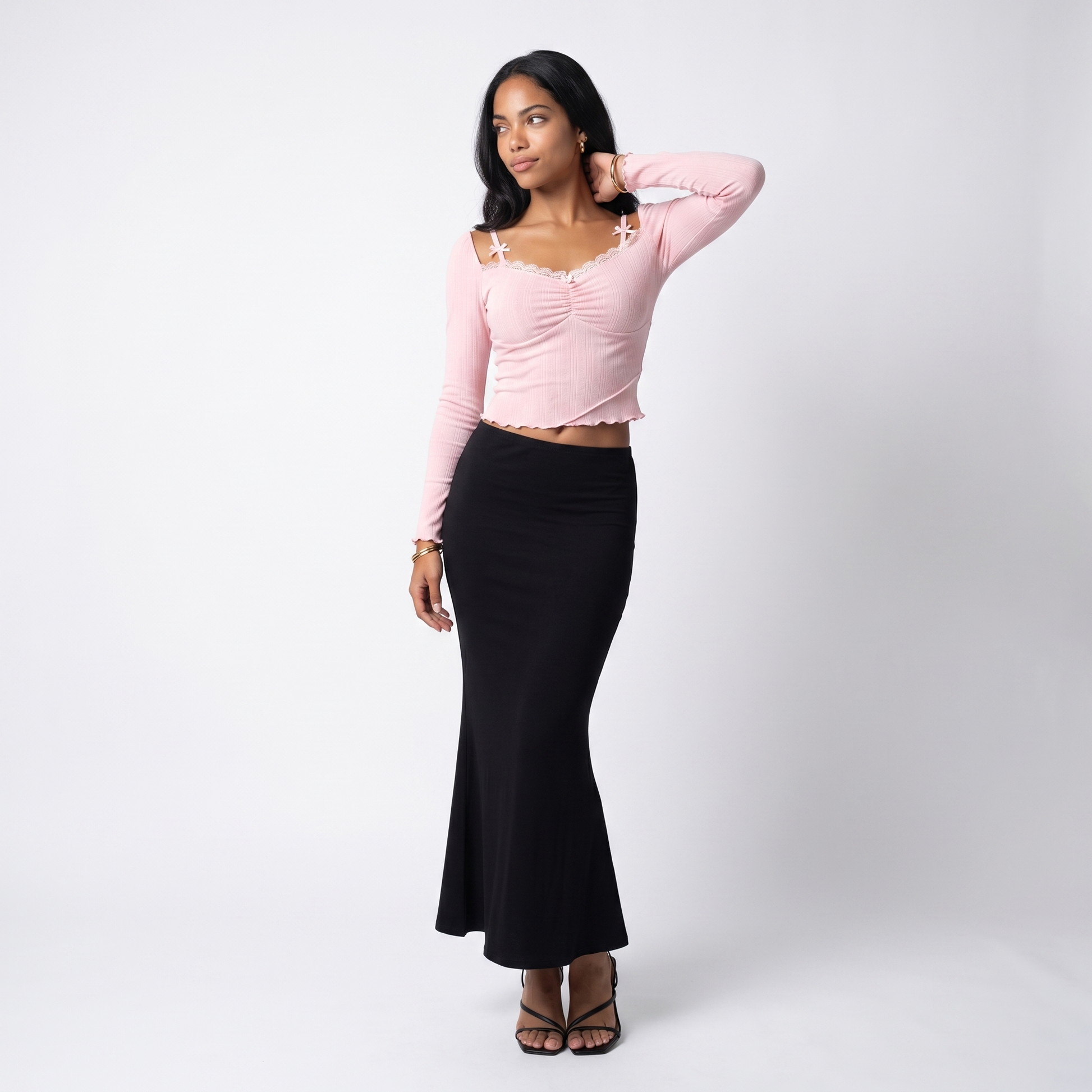 Sunoire hano square collar lace stitching long sleeve t shirt high quality women fitted top front hero 01