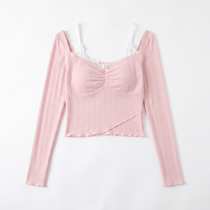 Sunoire hano square collar lace stitching long sleeve t shirt high quality women fitted top garment flatlay 01