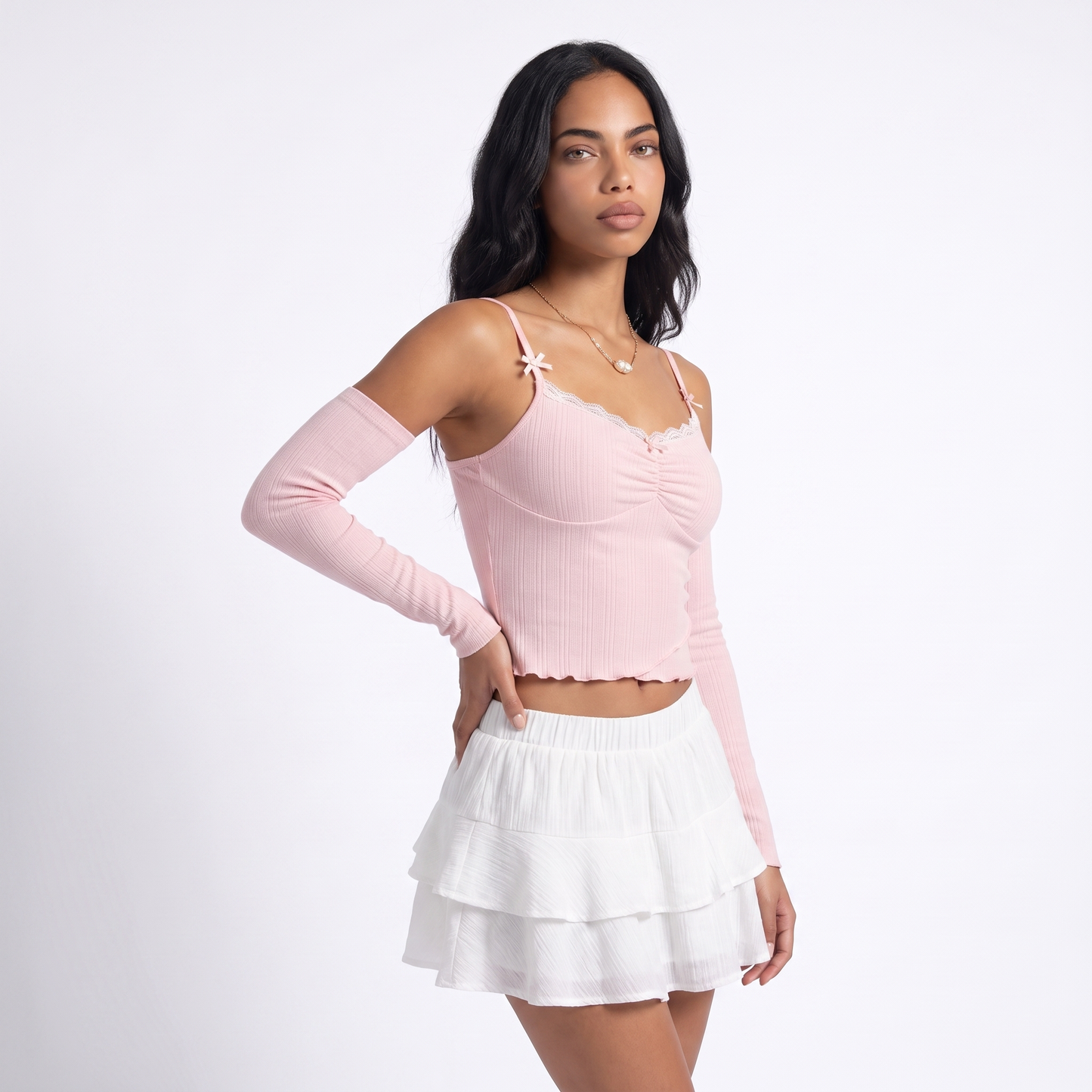Sunoire hano square collar lace stitching long sleeve t shirt high quality women fitted top top crop 3q 01